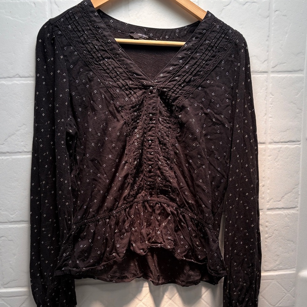 Lucky Brand Black Long-Sleeve Peplum Blouse with Tiny White Dot Print